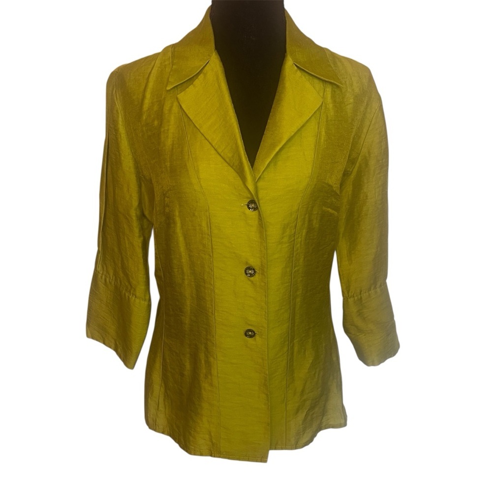 Farinaz Taghavi Linen Blend Blazer Sz 10 Green  3/4 Sleeve Floral Buttons Luxury